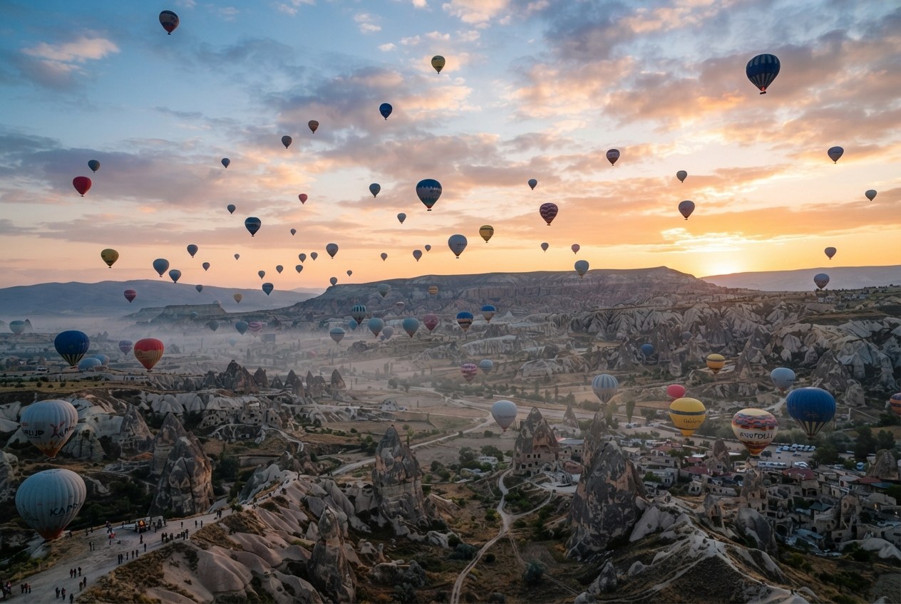 Kapadokya semasında gün doğumunda yüzlerce sıcak hava balonu