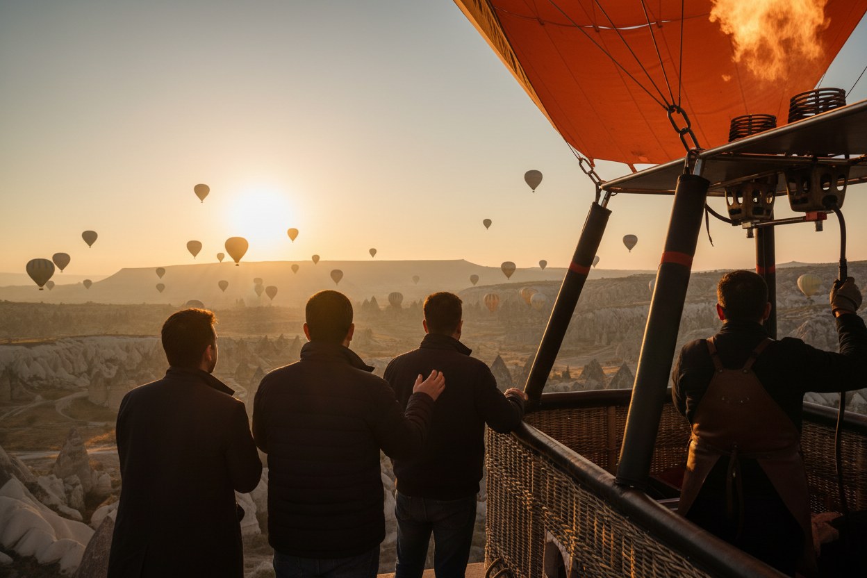Kapadokya balon sepetinde gün doğumunu izleyen yolcular ve pilot